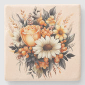 Sinaasappel Geel Grijs Bloemboeket Stenen Onderzetter (Voorkant)