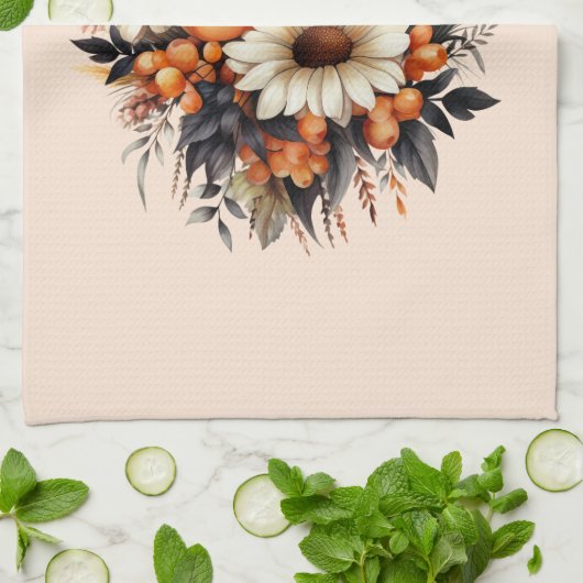 Sinaasappel Geel Grijs Bloemboeket Theedoek (Gevouwen)