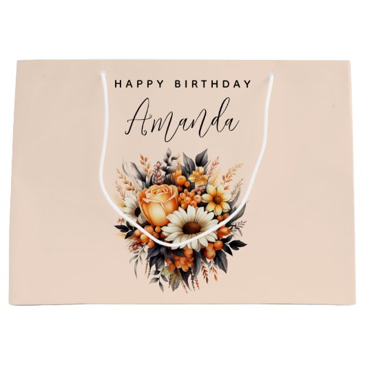 Sinaasappel Geel Grijs Bloemboeket Verjaardag Groot Cadeauzakje (Voorkant)