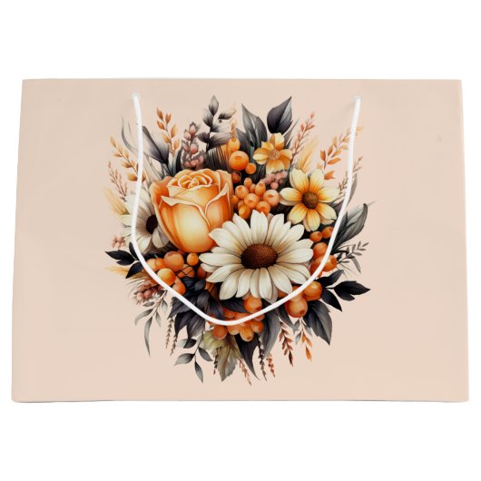 Sinaasappel Geel Grijs Bloemboeket Verjaardag Groot Cadeauzakje (Voorkant)