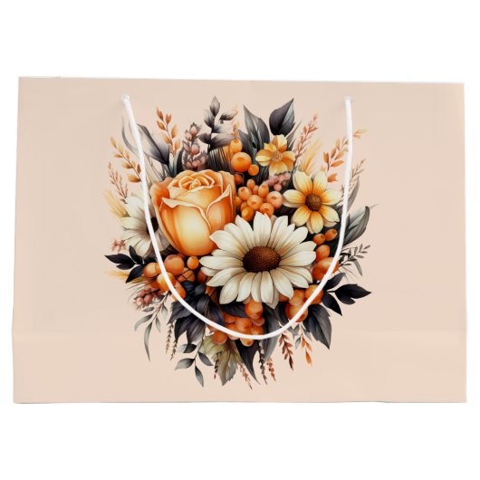 Sinaasappel Geel Grijs Bloemboeket Verjaardag Groot Cadeauzakje (Achterkant)