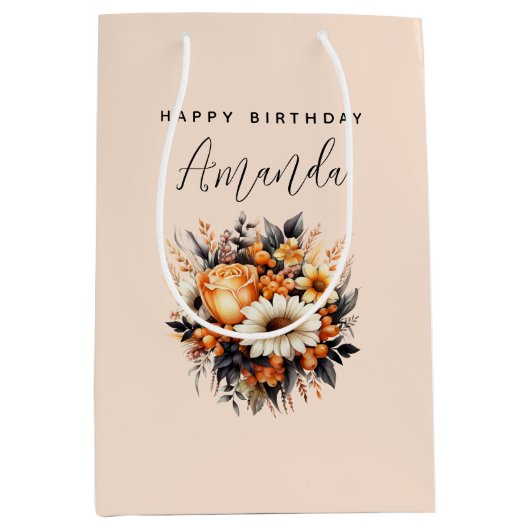 Sinaasappel Geel Grijs Bloemboeket Verjaardag Medium Cadeauzakje (Voorkant)