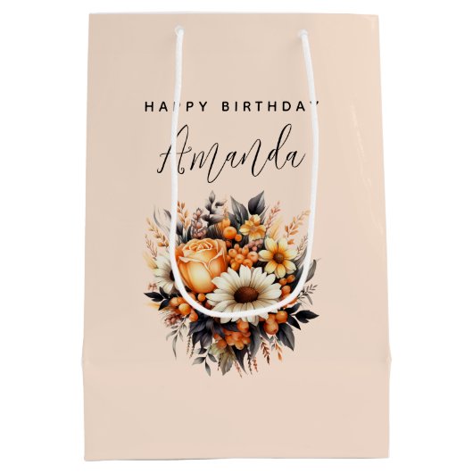 Sinaasappel Geel Grijs Bloemboeket Verjaardag Medium Cadeauzakje (Achterkant)