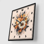 Sinaasappel Geel Grijs Bloemboeket Vierkante Klok (Hoek)