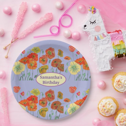 Sinaasappel Geel Paars Klaproos Klaprozen Bloem Ve Papieren Bordje (Feest)