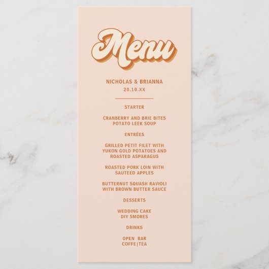  Sinaasappel Geel Retro 70s Boho Bruiloft Menu (Voorkant)