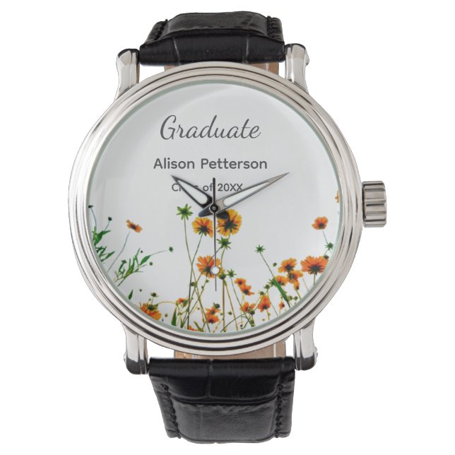 Sinaasappel geel wilde bloemen modern graduatie ru horloge (Voorkant)