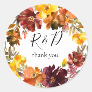 Sinaasappel & Geelgouden Herfst Bloemen Monogram - Ronde Sticker