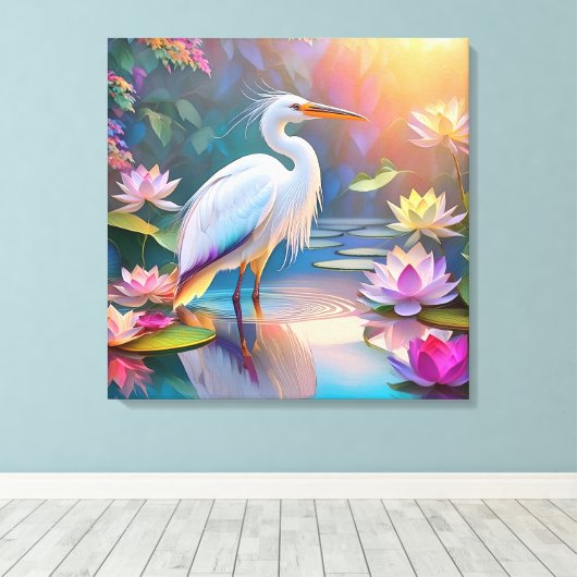 Sinaasappel Gekochte Witte Heron Fantasy Vogel Canvas Afdruk (Insitu (Houten vloer))