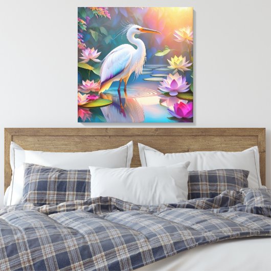 Sinaasappel Gekochte Witte Heron Fantasy Vogel Canvas Afdruk (Insitu (Slaapkamer))