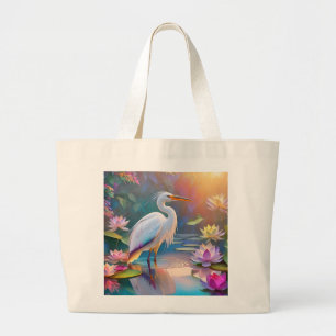 Sinaasappel Gekochte Witte Heron Fantasy Vogel Grote Tote Bag