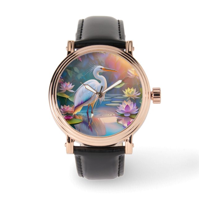 Sinaasappel Gekochte Witte Heron Fantasy Vogel Horloge (Voorkant)