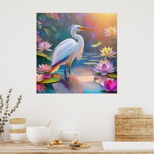 Sinaasappel Gekochte Witte Heron Fantasy Vogel Poster (Keuken)