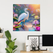 Sinaasappel Gekochte Witte Heron Fantasy Vogel Poster (Thuiskantoor)