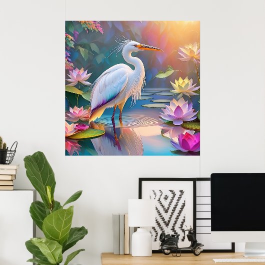 Sinaasappel Gekochte Witte Heron Fantasy Vogel Poster (Thuiskantoor)