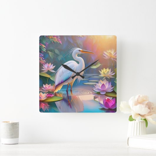 Sinaasappel Gekochte Witte Heron Fantasy Vogel Vierkante Klok (Huis)