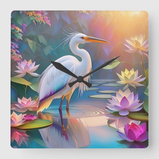 Sinaasappel Gekochte Witte Heron Fantasy Vogel Vierkante Klok (Voorkant)