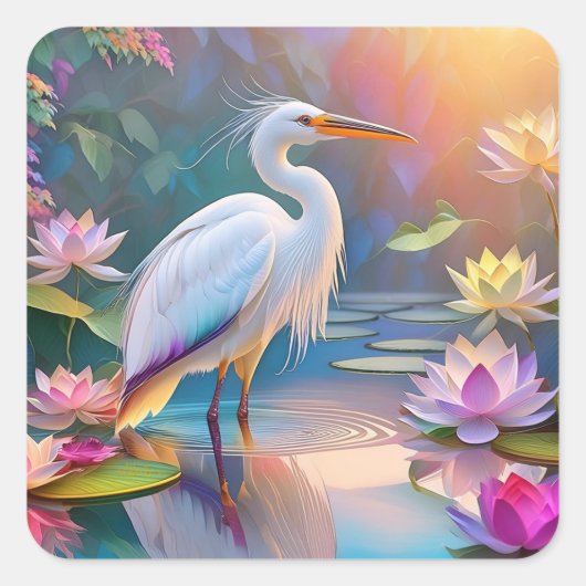 Sinaasappel Gekochte Witte Heron Fantasy Vogel Vierkante Sticker (Voorkant)