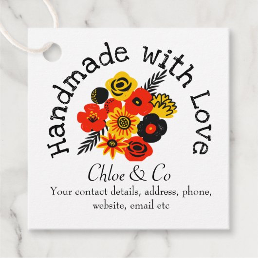 Sinaasappel, gele bloem handgemaakt met liefde dan bedankjes labels (Voorkant)