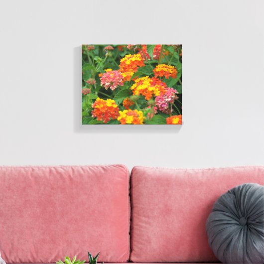 Sinaasappel & gele bloemen uitgerekt canvas print (Insitu (Woonkamer))
