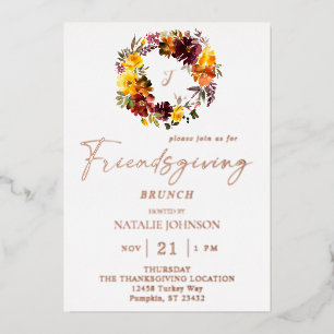 Sinaasappel & Gele Bloemige Friendsgiving Krans Folie Uitnodiging