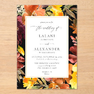 Sinaasappel & Gele Herfst Bloemen Bruiloft -3 Zwar Acryl Uitnodigingen