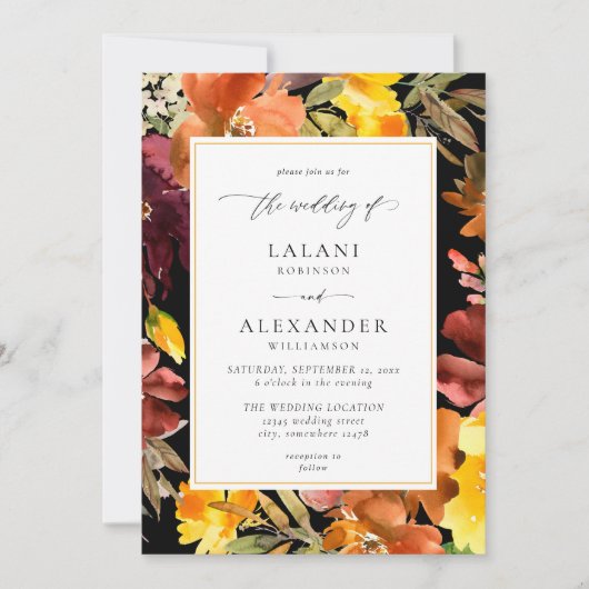 Sinaasappel & Gele Herfst Bloemen Bruiloft -3 Zwar Kaart (Voorkant)