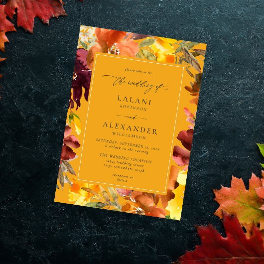Sinaasappel & Gele Herfst Bloemen Bruiloft Uitnodi Kaart