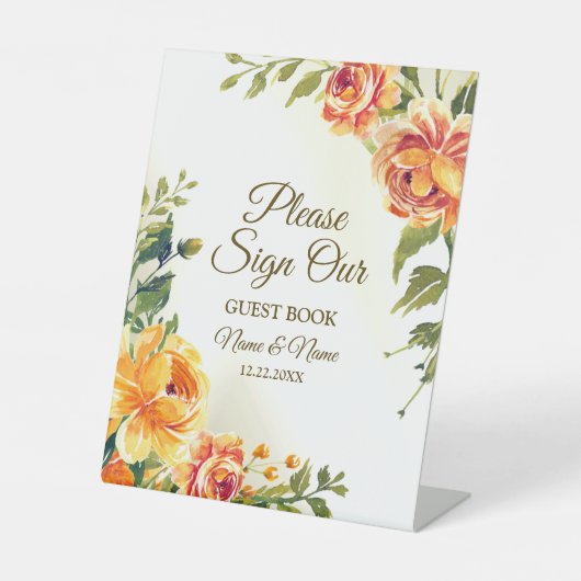 Sinaasappel Gele Rode Floral Greenery Reclamebord Met Voetstuk (Voorkant)