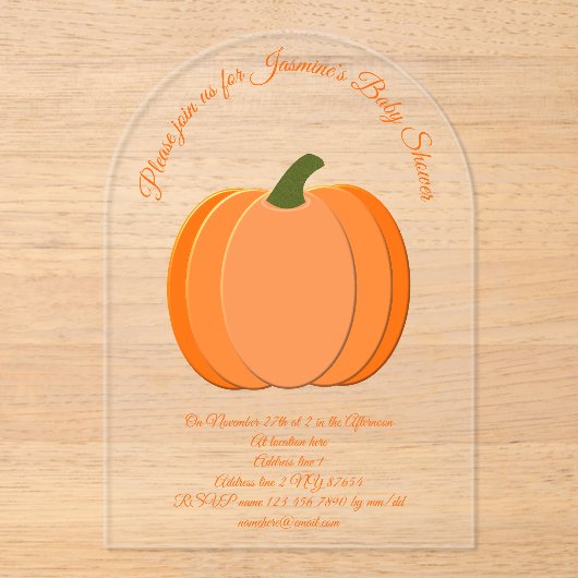 Sinaasappel Genderneutraal pompoen Baby shower Acryl Uitnodigingen (Voorkant)
