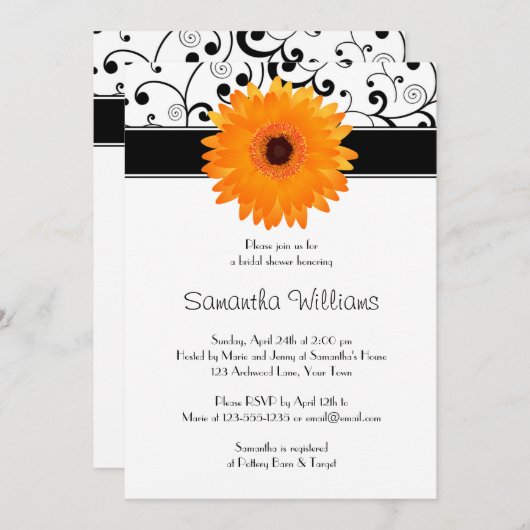 Sinaasappel Gerbera Daisy Black Scroll Vrijgezelle Kaart (Voorkant / Achterkant)