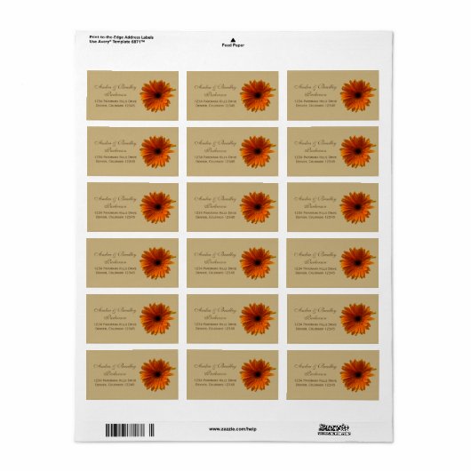 Sinaasappel Gerbera Daisy Tan Bruiloft Adresetiket Etiket (Full Sheet)