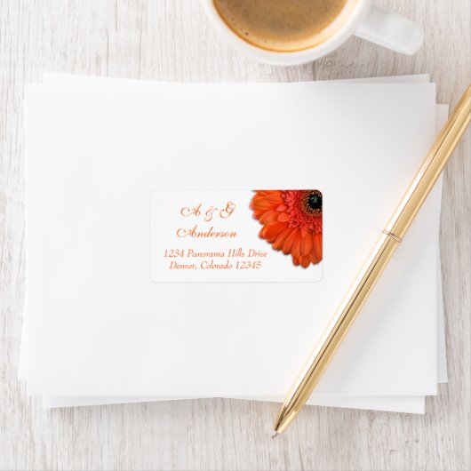 Sinaasappel Gerbera Daisy Wit Bruiloft Adresetiket Etiket (Insitu)