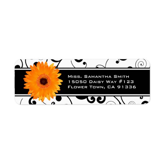 Sinaasappel Gerbera Daisy Zwart & Wit Scroll Etiket (Voorkant)