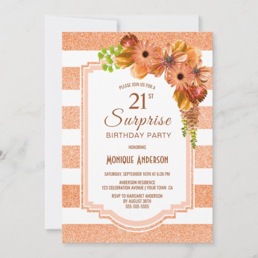 Sinaasappel gestreepte bloemen surprise 21ste verj kaart (Voorkant)