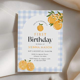 Sinaasappel Gingham Citrus 1e Verjaardag Kaart