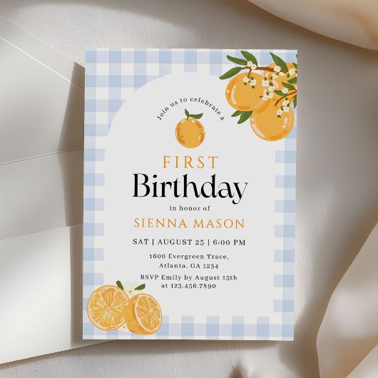 Sinaasappel Gingham Citrus 1e Verjaardag Kaart