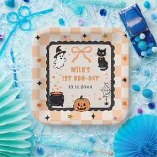Sinaasappel Gingham Halloween Verjaardagsfeest Papieren Bordje