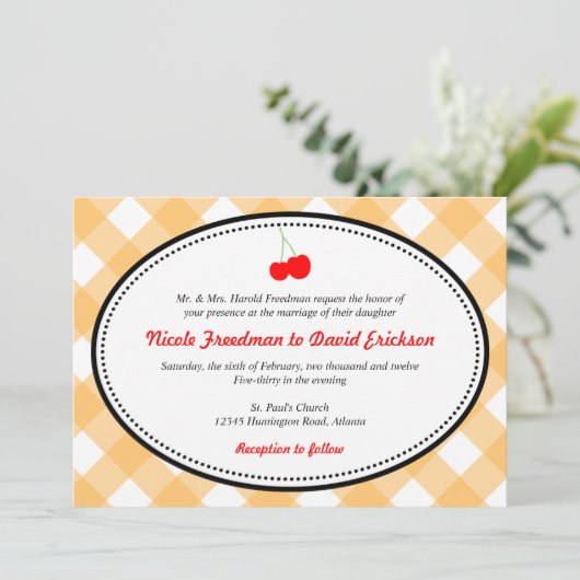 Sinaasappel gingham land rustige rode kerry bruilo kaart (Staand voorkant)