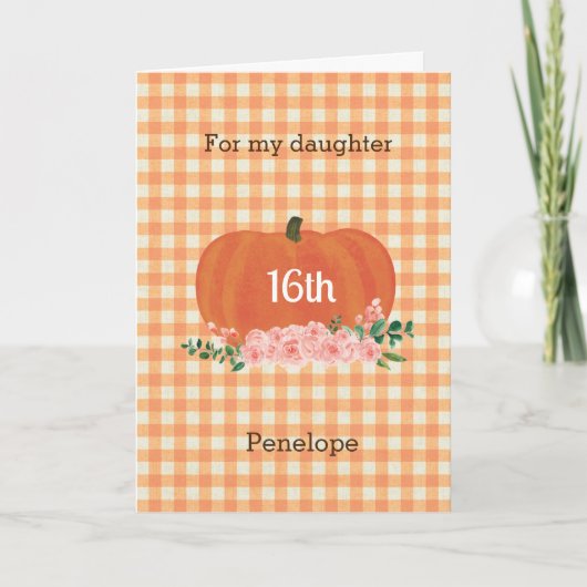 Sinaasappel Gingham Pumpkin Herfst Birthday Dochte Kaart (Voorkant)