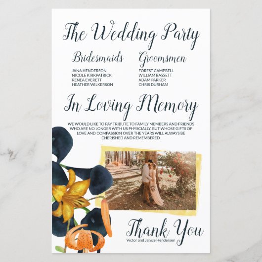 Sinaasappel, Goud, Blauw Calla Lilies Trouwprogram (Achterkant)