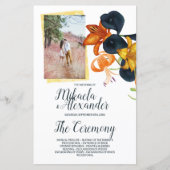 Sinaasappel, Goud, Blauw Calla Lilies Trouwprogram (Voorkant)