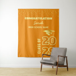 Sinaasappel & Goud Custom Graduation Party Achterg Wandkleed
