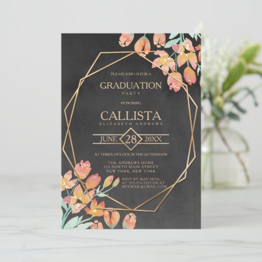 Sinaasappel Goud Zwart Bloemen Terrarium Afstudere Kaart (Staand voorkant)