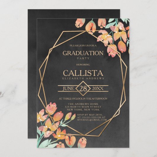 Sinaasappel Goud Zwart Bloemen Terrarium Afstudere Kaart (Voorkant / Achterkant)