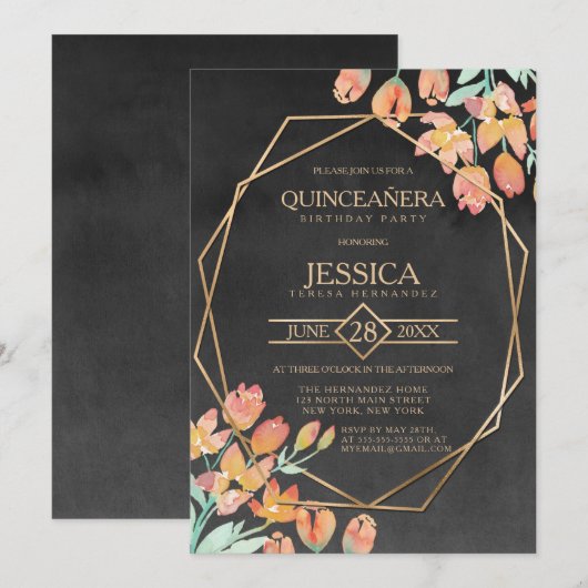 Sinaasappel Goud Zwart Bloemen Terrarium Quinceañe Kaart (Voorkant / Achterkant)