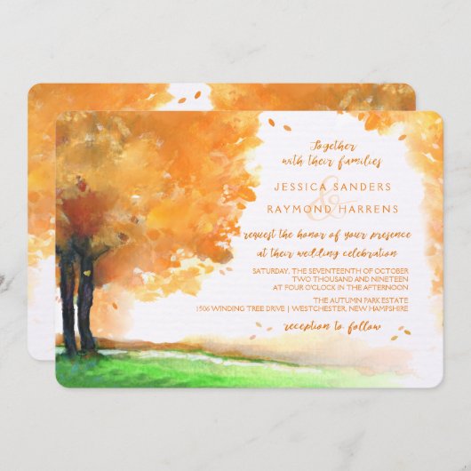 Sinaasappel & gouden herfstbomen Waterverf bruilof Kaart (Voorkant / Achterkant)