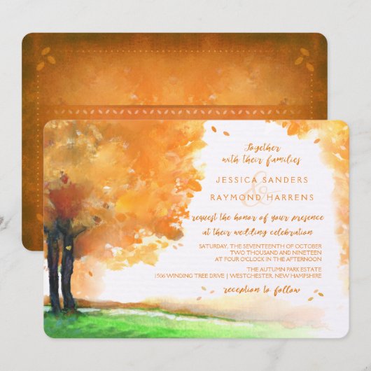 Sinaasappel & gouden herfstbomen Waterverf bruilof Kaart (Voorkant / Achterkant)
