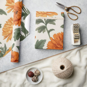 Sinaasappel gouden herfstgoudsbloemen bladpatroon cadeaupapier