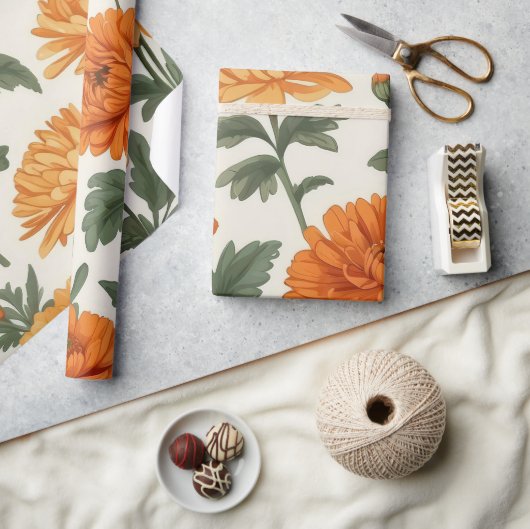 Sinaasappel gouden herfstgoudsbloemen bladpatroon cadeaupapier (Crafts)